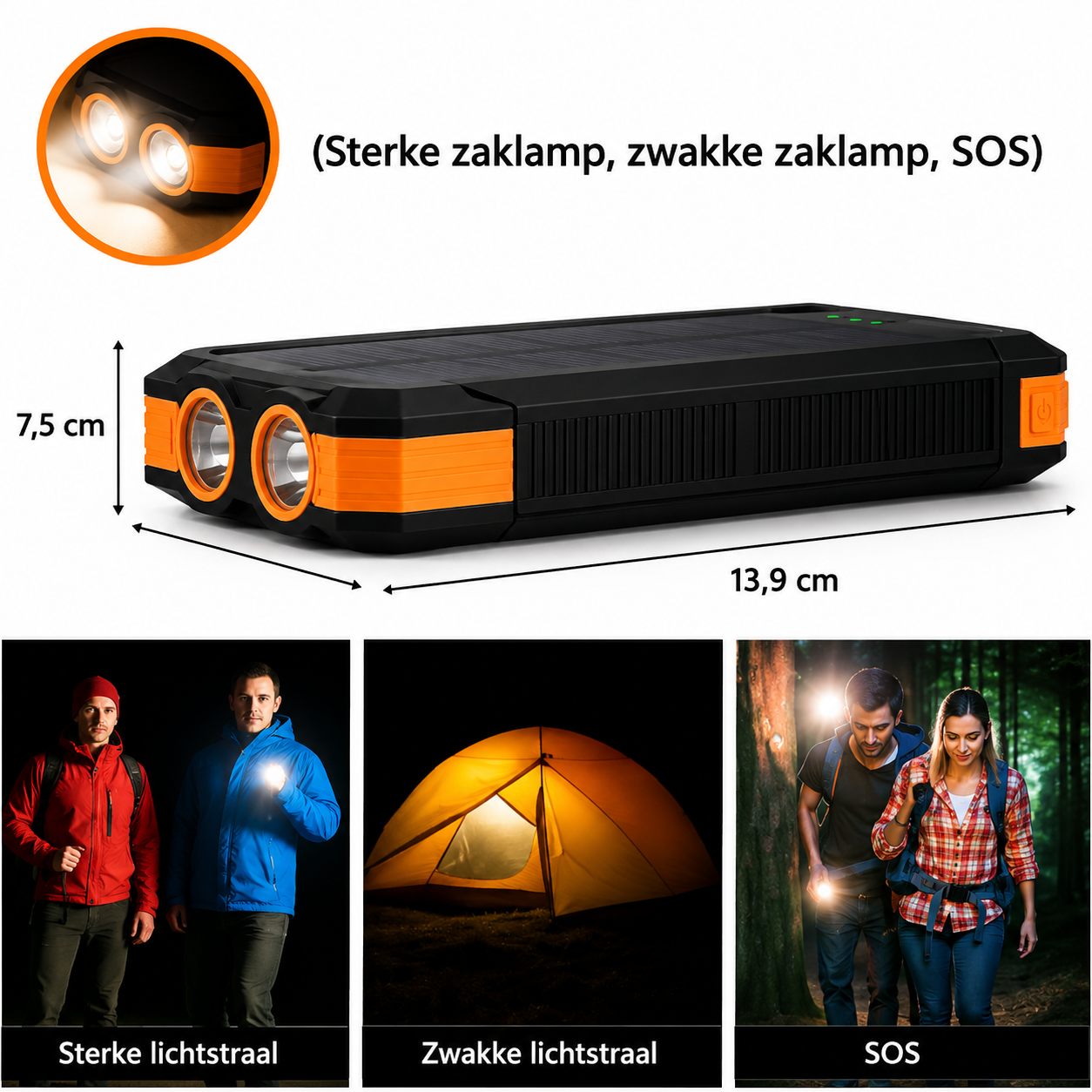 Solar Powerbank 10.000mAh met LED Zaklamp